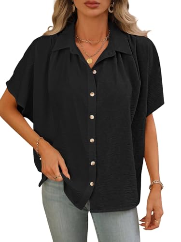 Image of GRECIILOOKS Oversized Shirt for Women | Shirt Top for Woman |Women's Color Block Button Down Blouse - Casual Loose Fit Short Sleeve Summer Shirt's Work, Vacation & Everyday Wear