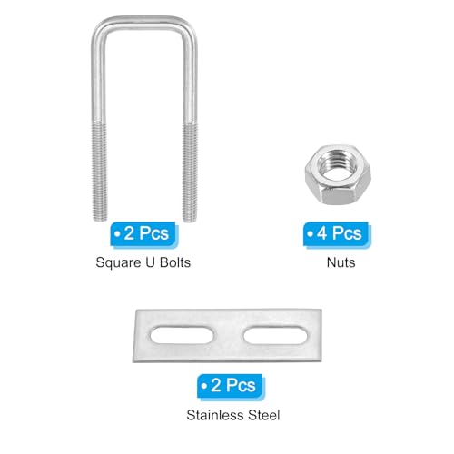 Image of PATIKIL M8x35x100mm Square U-Bolts Kit, 2Set 304 Stainless Steel Square U Shaped Bolts Replacement Parts with Frame Plates and Nuts for Ski Board Sailboat Trailer