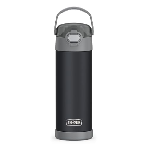 THERMOS FUNTAINER 16 Ounce Stainless Steel Vacuum Insulated Bottle with Wide Spout Lid, Matte Charcoal