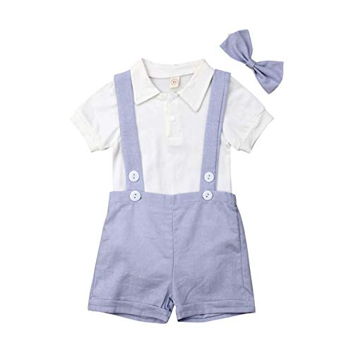 YQYJA Baby Kleidung Sets Sommer Gentleman Anzug Solide Kurzarm Polo Strampler Hosenträger Fliege 3 Stück Outfits,80 (6-12 Monate),Hellblau Cover