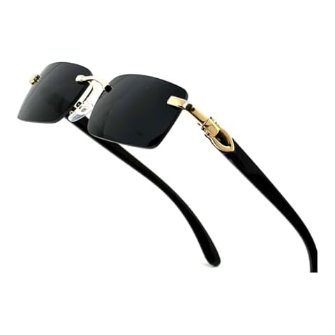 Street Knitted Mens Gold Frame Black Tint Rimless Square Trendy Cool Woodgrain Vintage 90's Old School Dark Tint Shades Retro Rectangular Men Hip Hop Sunglasses Cover