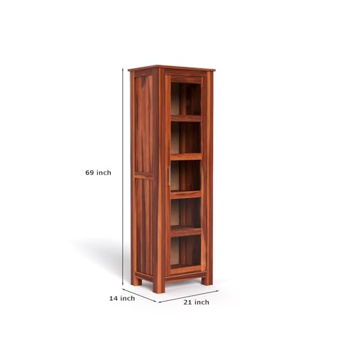 Image of SUNCOM Solid Sheesham Wood Book Shelf - Showcase Glass Door Crockery Storage Unit Or Bookcase, 5-Shelf Wooden Book Rack, Display Cabinet Furniture for Home, Kitchen & Library Areas (Natural Finish)