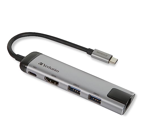 Verbatim Adapter USB-C Multiport, Hub USB-C z USB 3.0, HDMI-4K, Gigabit Ethernet i USB-C port szybkiego ładowania, adapter USB-C do laptopów i Macbooków, wtyczka adaptera multimedialnego USB typu C