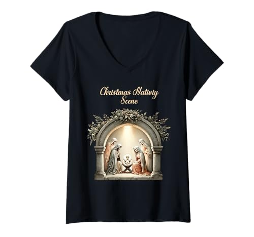 Mujer Colorido Belén de Navidad Nacimiento de Cristo Camiseta Cuello V