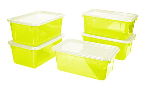 Image of Storex Small Cubby Bins - Plastic Storage Containers for Classroom with Non-Snap Lid, 12.2 x 7.8 x 5.1 inches, Tint Yellow, 5-Pack (62482U05C)