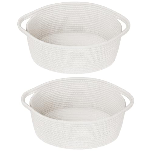 Image of 2 Pack Small Woven Storage Basket with Handles 12 inchx8 inchx5 inch, Decorative Rope Bin for Home Organization, Shelf Storage,Cotton Rope Room Shelf Storage Basket with Handles