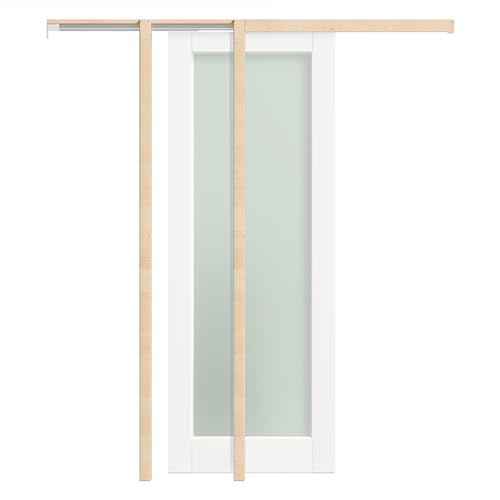 Image of 28 inch x 80 inch Sliding Pocket Door Kit, 1 Lite Frosted Glass Pantry Door with Panel and Frame, Interior & Closet Single Finished Door Slab, Interior Sliding Doors, White Primed