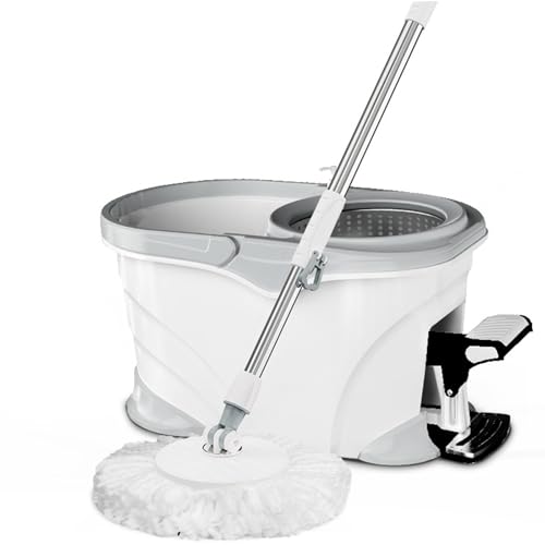 Microfibre Mop and Bucket with Wringer Set 360° Spinning Stainless Steel Adjustable Handle Mop for Home Commercial Use All Floor Types,White