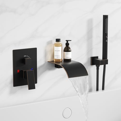 RUMOSE Grifo de Bañera Montado en Pared Cascada con Rociador Manual | Bronce, 2 en 1 Manual, Grifo Moderno para Bañera de Latón con Manija Única, Válvula de Alta Flujo miniatura 1