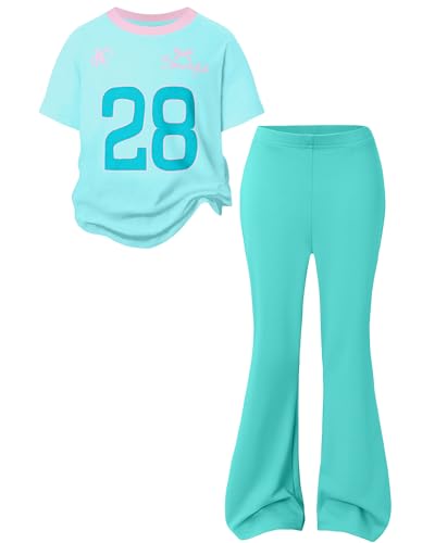 Image of Girls 2 Piece Outfit Colorblock Short Sleeve Graphic Tee & Flared Pants Casual Summer Clothes Set for Age 6-14