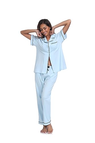 Image of COLORFULLEAF Women's 100% Cotton Pajamas Set Button Down Sleepwear Short Sleeve Shirt and Long Pants Soft Ladies Lounge Sets