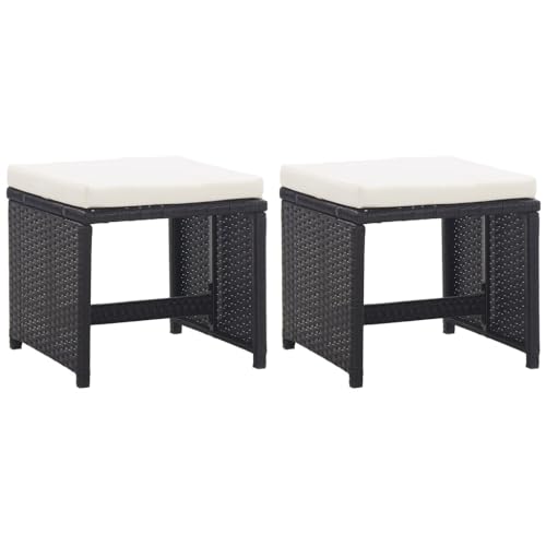 vidaXL 2X Tabourets de Jardin avec Coussins Tabourets de Terrasse Tabourets de Patio Tabourets d'Extérieur Repose-Pied Résine Tressée Noir