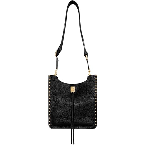 Rebecca Minkoff Darren Medium Feed Bag, Women's Leather Shoulder Handbag Purse with Crossbody Strap and Tassel, Black