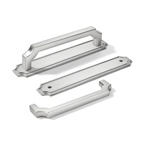 khtumeware 5 Pack 5 Inch Hole Center Brushed Satin Nickel Cabinet Pulls with Backplate - Heavy-Duty Handles for Kitchen Cabinets - Solid Base Plate Hardware for Drawers