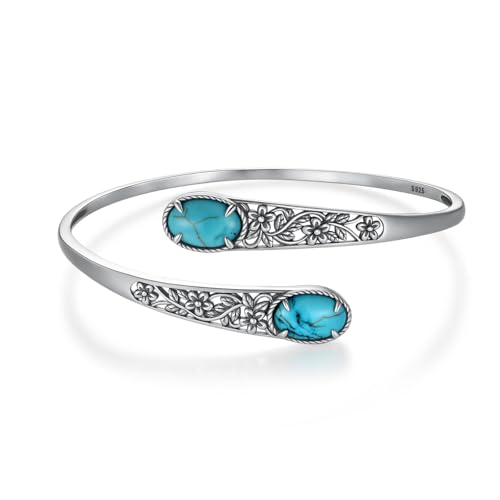 Genuine Natural Turquoise Chunky Adjustable Bracelet 925 Sterling Silver Boho Elegant Style Bangle Cuff Jewelry Gift for Women