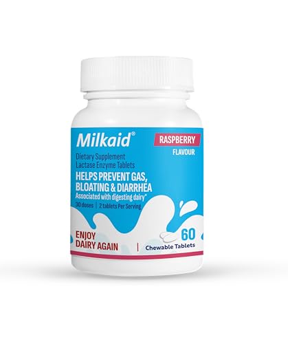 Milkaid Lactase Enzyme Chewable Tablets for Lactose Intolerance Relief | Prevents Gas Bloating & Diarrhoea | Fast Acting Dairy Digestive Supplement | Gluten Free & Vegan | 60 tablets