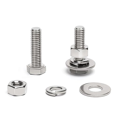 (25 Sets) 1/4-20 x 1-1/4" Hex Head Screw Bolt, Nuts, Flat Washer &amp; Spring Lock Washers, 18-8 (304) Stainless Steel, Fully Threaded, by Skvltvfyt