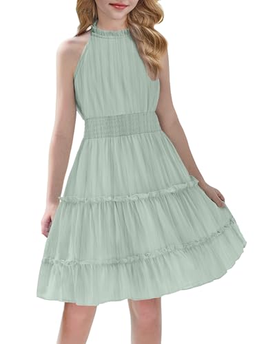 Arshiner Mädchen Kleid Ärmelloses Sommerkleid Grün Kinder Casual Partykleider Neckholder Festliches Kleid Leicht Schulterfreies Chiffonkleid A-Linie Elegant Abendkleid für Mädchen 160/11-12 Jahre