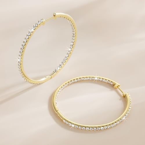NICRET 14K Gold Hoop Earrings for Women Hoop Earrings Dual Diamond Hoops Earring Large Golden Hoops Earring 40 * 2mm (BX-Gold)3