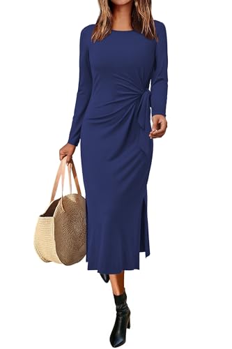 Newshows Kleider Damen Langarm Herbstkleid Winterkleid Elegant Herbst Winter Freizeitkleider mit Schlitz Blau,L