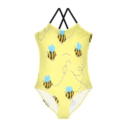 Girls Swimming Suits Beach Swimsuit Girls 3-10 Y with Adjustable Shoulder Strap, Cute Cartoon Bees Yellow