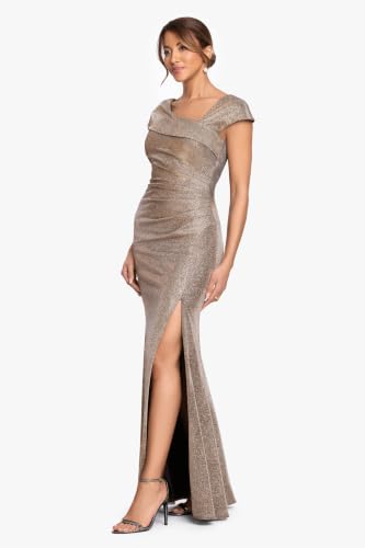 Image of Xscape Women's Long Bodycon Formal Evening Gown with Cap Sleeves, Asymmetrical Neckline, Ruched Bodice and Front Slit