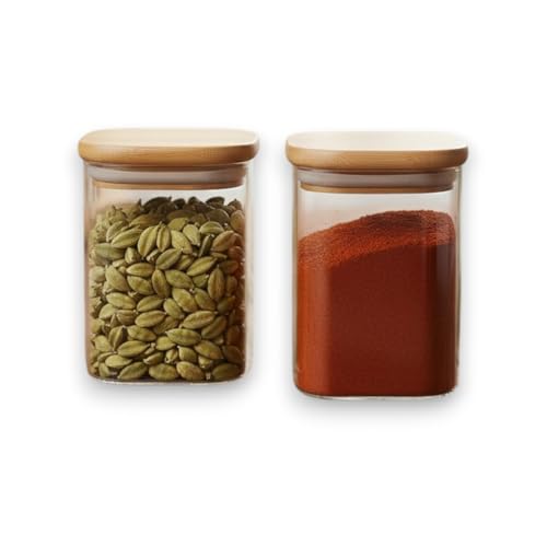 Image of Airtight Square Glass Storage Jar with Bamboo Lid, 220ml Pack of 2 | Borosilicate Multipurpose Kitchen Container for Coffee, Tea, Sugar, Masala, Spices & Dry Fruits | Transparent Pantry Organizer