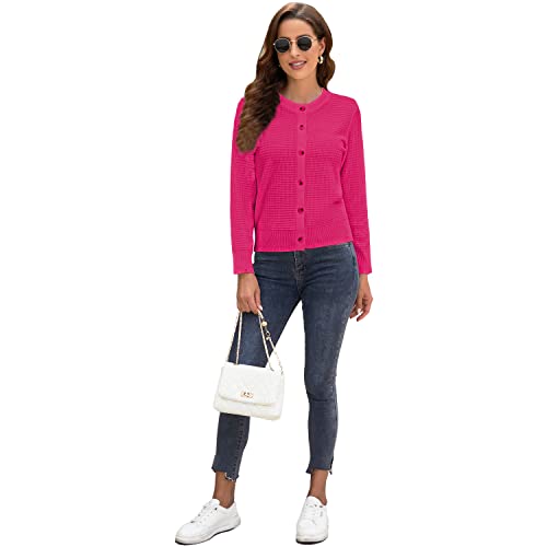 Image of Women's Crew Neck Button Down Long Sleeve Solid Knit Classic Cardigan Sweater Rose Red