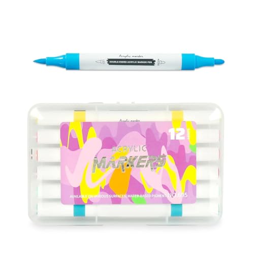 Image of Wynhard Dual Tip Acrylic Marker Paint Pens Set 12 Pastel Colors Paint Marker Acrylic Paint Pens for Painting Brush Markers for Artists Journals DIY Crafts Calligraphy Drawing, Sketching Markers Set