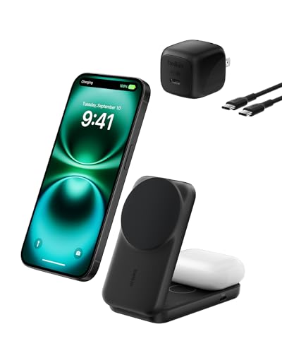 Belkin MagSafe Charger Compatible, 2-in-1 Charging Station, Qi2.2 25W Magnetic Wireless Charger Dock, Foldable Stand, with 5W USB-C Port, for iPhone 17/16/15, Pixel 10, AirPods (45W Adapter Included)