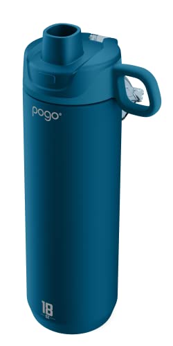 Image of Pogo Active Vacuum Insulated Stainless Steel Water Bottle with Leak Proof Chug Lid and Silicone Carry Loop, Powdercoat, Poseidon, 18 oz