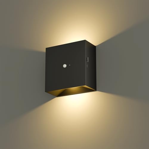 Suright Akku Wandleuchte mit Bewegungsmelder, LED Aufladbare Wandleuchte Innen mit 3 Modi (AUTO/AUS/EIN), 3000K Warmweiß Wandlampe Kabellos für Treppe, Flur, Wohnzimmer, Schlafzimmer, Garage, Schwarz