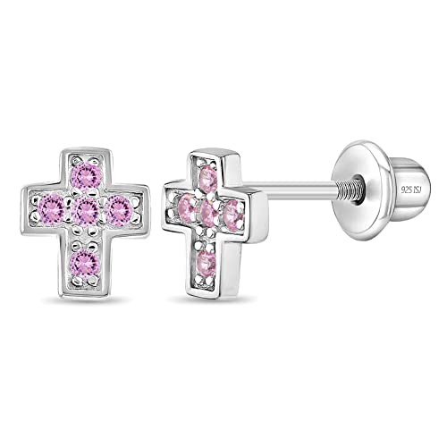 Pendientes de cruz de plata 925 y circonitas con cierre de rosca seguro para niña