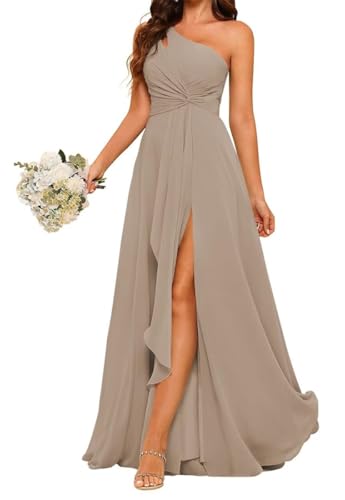 YIANN Robe de demoiselle d'honneur pour femme, longue avec épaule dénudée, en mousseline de soirée, de mariage, taupe, 38