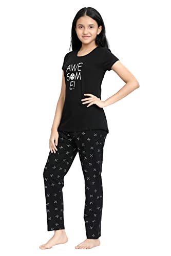 Image of Kids Night Suit for Girls - Cotton Set of Pyjama & T-Shirt Sleepwear - Lightweight & Comfortable Night Wear for Kids