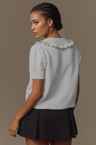 Women Ruffle Collar Short Sleeve Summer Cardigan Button Down Open Front Knitted Sweater Cute Ruffle Shirt Tops2