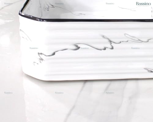 Image of BASSINO 18x13x5 Inches Ceramic Counter Top Wash Basin /White & Black Marble Print Basin for Bathroom /Rectangular Shape Tabletop Washbasin for Restaurant /Dining Hall /Living Room /Home(Glossy)