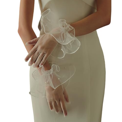 Guantes de perlas de alta costura con elegantes bordes festoneados
