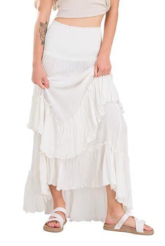 CHARTOU Women Boho Maxi Convertible Skirt Wide Smocked Elastic Waist Asymmetric Ruffle Strapless Dress2