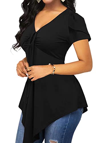 Beverly Women's Tunic Tops For Leggings Petal Sleeve V Neck Blouses Casual Pleated Asymmetrical T-Shirts Black S #TOP1