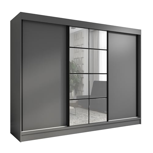A&J MöbelLand Schwebetürenschrank ORAVELLE Kleiderschrank 3-türig mit Schubladen und Spiegel Garderobenschrank 200 cm (Graphit)