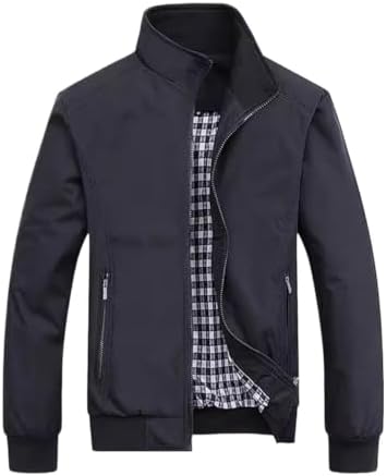 Jaqueta Masculina Casual com Gola Alta, Forro Xadrez, Casacos Zíp...