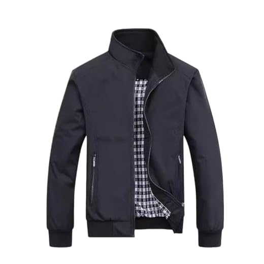 Jaqueta Masculina Casual com Gola Alta, Forro Xadrez, Casacos Zíper Frontal 26525 (BR, Alfa, XGG, Regular, Regular, Black)