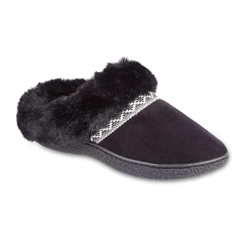 isotoner Women's Classic Comfort Hoodback Memory Foam Slippers, Slippers for Women with Durable Sole and Warmth Faux Fur Cuff - Black Large