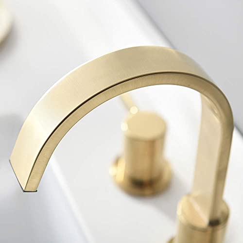 Phiestina 8 Inch 3 Hole 2 Handle Waterfall Widespread Brushed Gold Bathroom Sink Faucet with Metal Pop-Up Drain, WF040-1-BG by phiestina - Used condition - Image 4