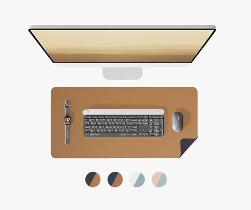 Image of Bellblock Large Extended Desk Mat /Mouse Pad /Gaming Mouse Pad | Vegan PU Leather | Anti-Skid, Non-Skid, Reversible Splash-Proof | Blue & Tan | 90cm x 45cm (Pack of 1) (DM2, 60 x 30cm Combo)