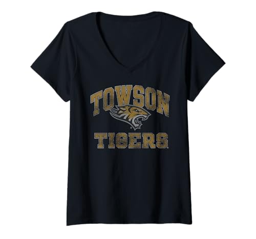 Womens Towson Tigers Vintage Worn Black Officially Licensed V-Neck T-Shirt