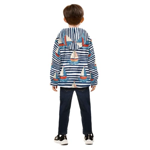Nautical Sailboats on Striped Background Toddler Fleece Jacket Girl Boys Hooded Fleece Jacket Coat4