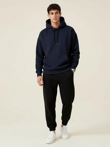 Image of Men's Heavyweight Hoodie | 450 GSM Premium Cotton Blend | Relaxed Fit Drop Shoulder | Kangaroo Pocket | Black Off White Blue | S-XXL