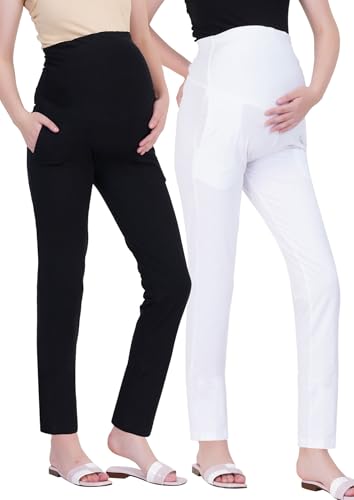 Image of Women's Maternity Leggings with Pockets - Comfortable, High Waist Support and Stretchable Pants for Pregnancy - Pack of 2